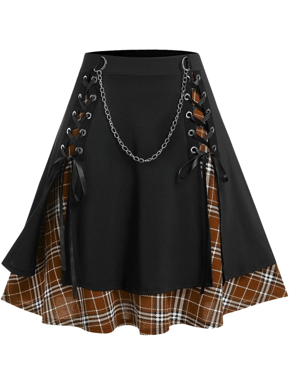 🚘 🆕 Rosegal Black A-Line Skirt with Brown Plaid Panel & Silver Chain lace up 1X
